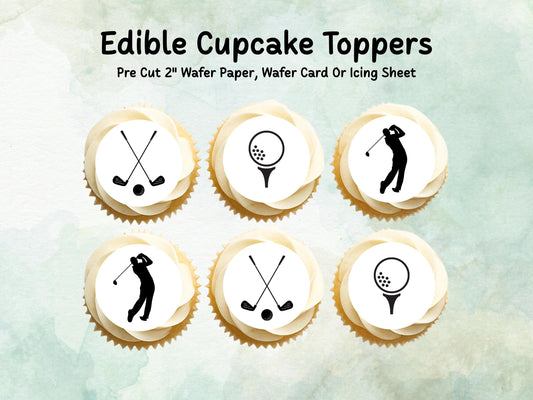 Golf Edible Cupcake Toppers 12 x 2" – Pre cut Wafer Paper, Card or Icing Sheet, Sports Party Decoration, Cake images