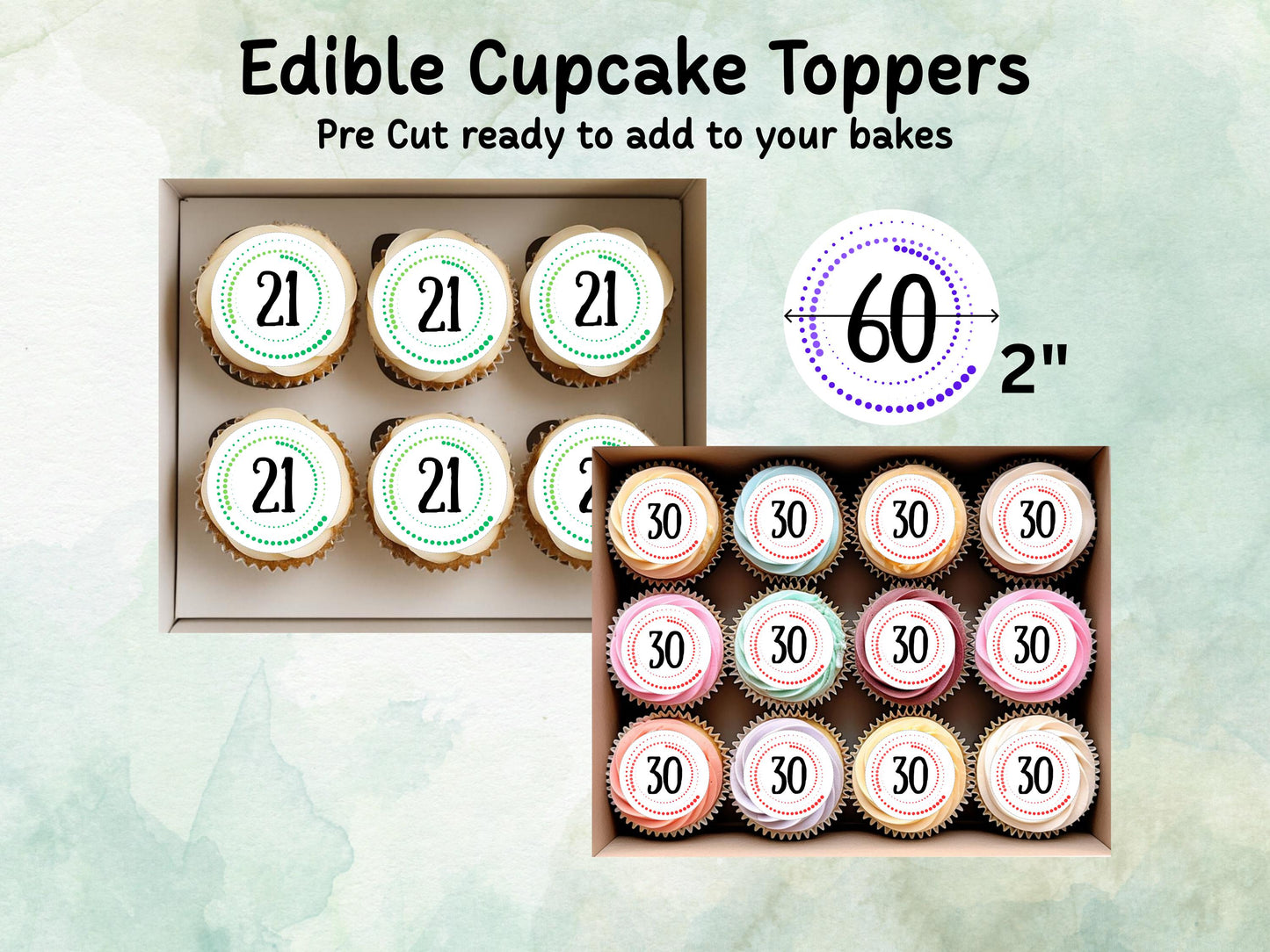 Milestone Birthday Edible Cupcake Toppers 12 x 2" – Pre cut Wafer Paper, Card or Icing Sheet, Customisable Birthday Cake Decoration