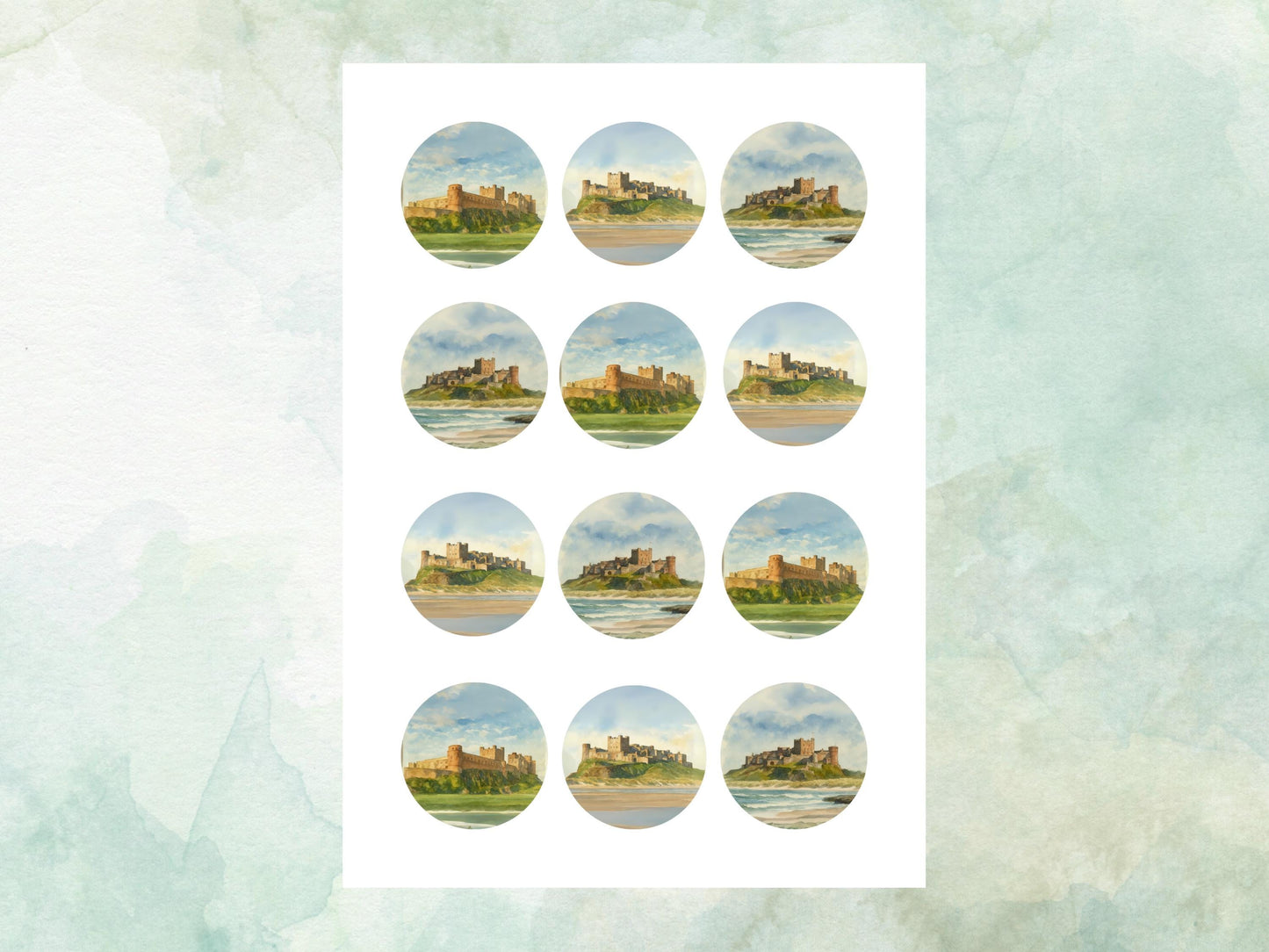 Bamburgh Castle Edible Cupcake Toppers 12 x 2" – Pre cut Wafer Paper, Card or Icing Sheet, Historic Landmark Cake Decor, UK Travel gift