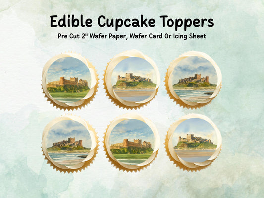 Bamburgh Castle Edible Cupcake Toppers 12 x 2" – Pre cut Wafer Paper, Card or Icing Sheet, Historic Landmark Cake Decor, UK Travel gift