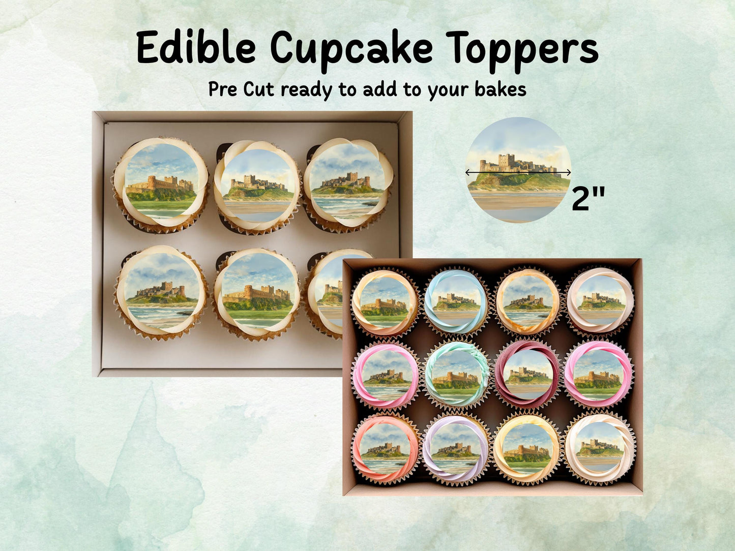 Bamburgh Castle Edible Cupcake Toppers 12 x 2" – Pre cut Wafer Paper, Card or Icing Sheet, Historic Landmark Cake Decor, UK Travel gift