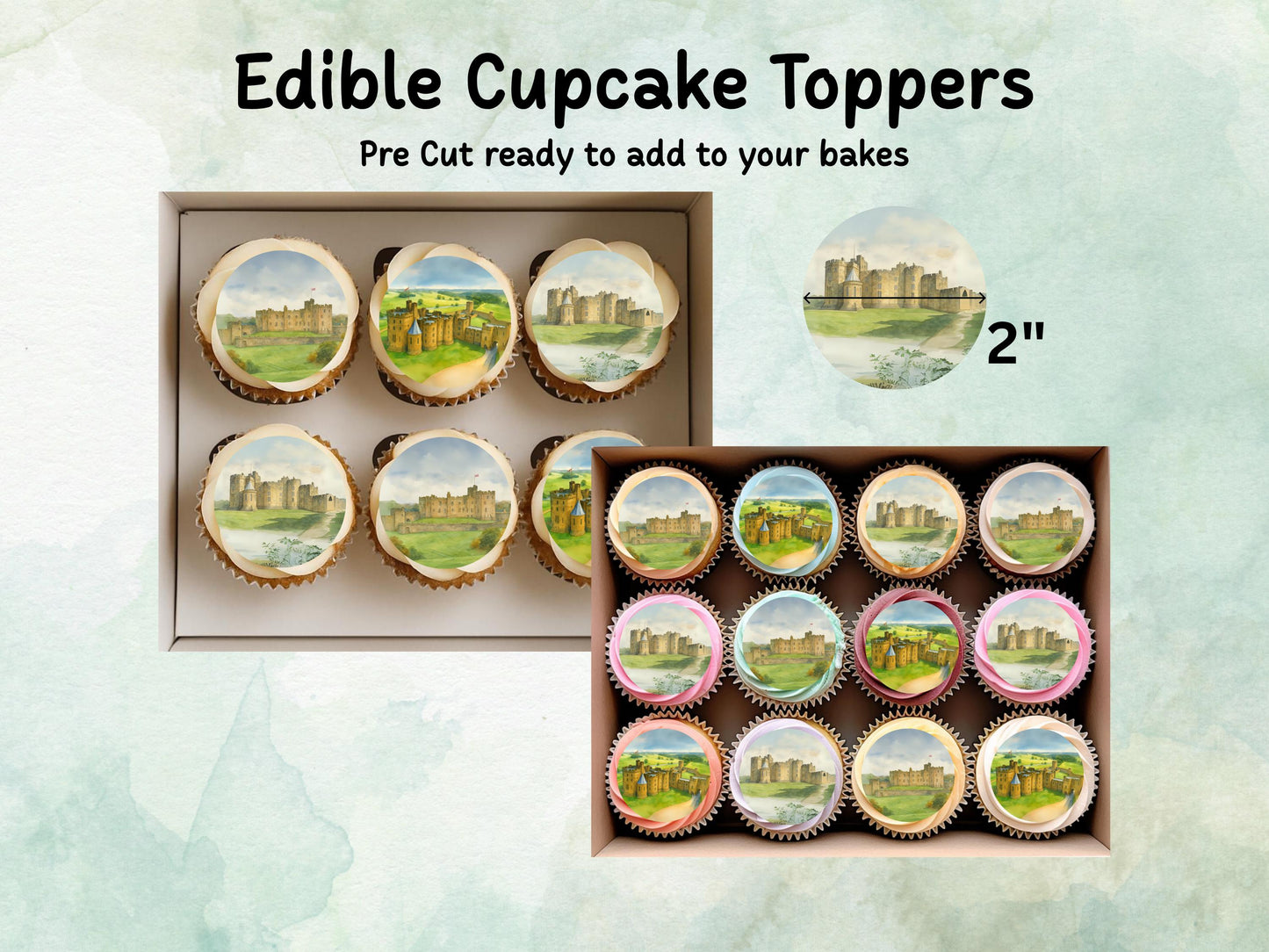 Alnwick Castle Edible Cupcake Toppers 12 x 2" – Pre cut Wafer Paper, Card or Icing Sheet, Historic Northumberland Landmark Cake Decor