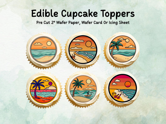Tropical Beach Edible Cupcake Toppers 12 x 2" – Pre cut Wafer Paper, Card or Icing Sheet, Surf & Sunset Coastal Cake Images