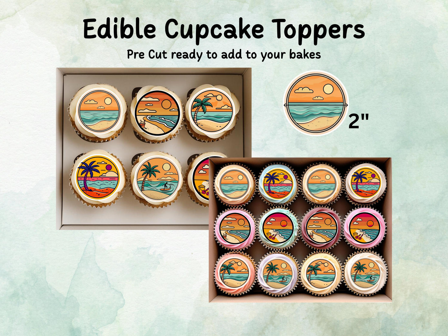 Tropical Beach Edible Cupcake Toppers 12 x 2" – Pre cut Wafer Paper, Card or Icing Sheet, Surf & Sunset Coastal Cake Images