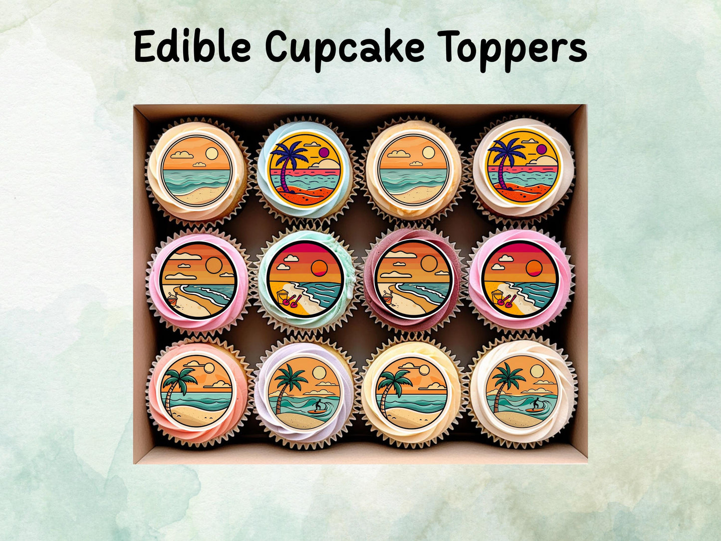 Tropical Beach Edible Cupcake Toppers 12 x 2" – Pre cut Wafer Paper, Card or Icing Sheet, Surf & Sunset Coastal Cake Images