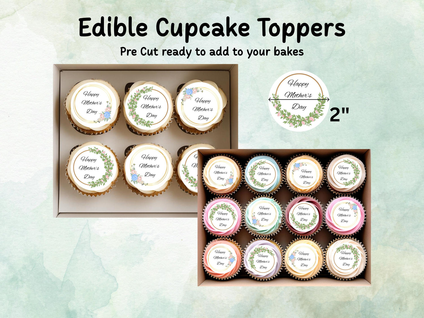 Happy Mother's Day Edible Cupcake Toppers 12 x 2" – Pre cut Wafer Paper, Card or Icing Sheet, Mothers Day Cake Decoration