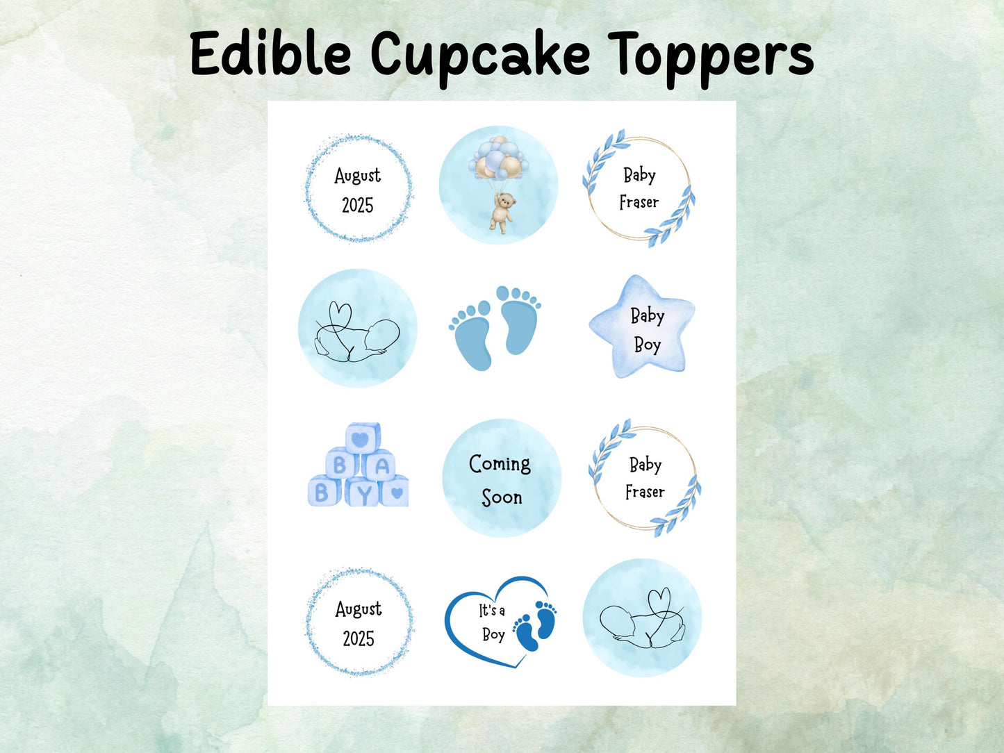 Blue Baby Shower Edible Cupcake Toppers 12 x 2" – Personalised Pre cut Wafer Paper, Card or Icing Sheet, Customisable Cake Decoration