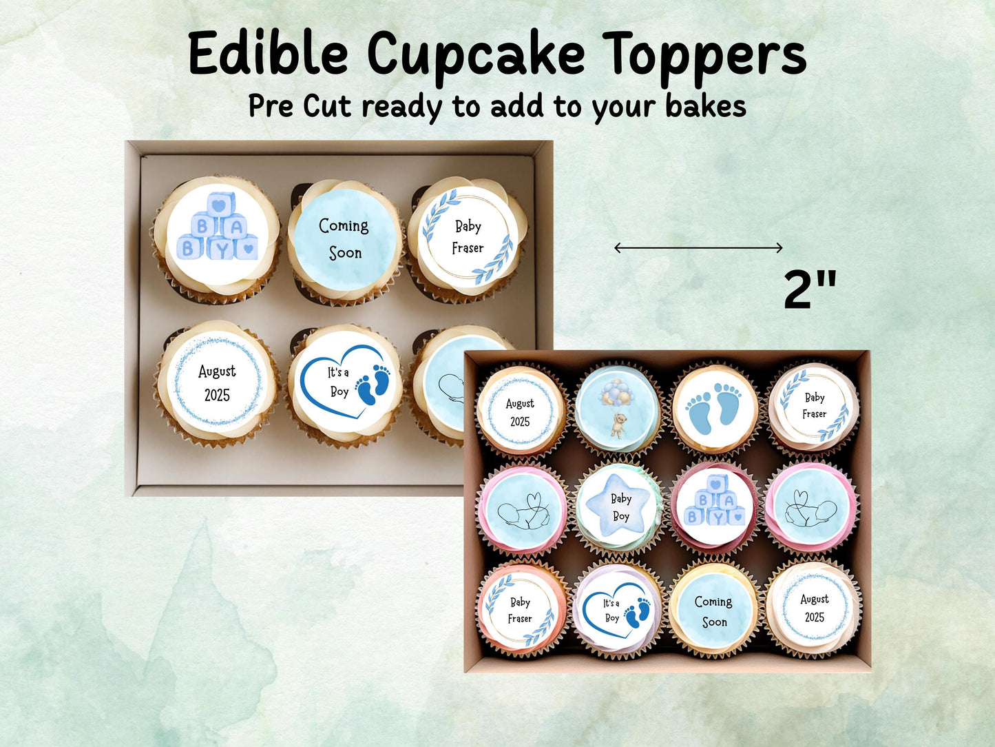 Blue Baby Shower Edible Cupcake Toppers 12 x 2" – Personalised Pre cut Wafer Paper, Card or Icing Sheet, Customisable Cake Decoration