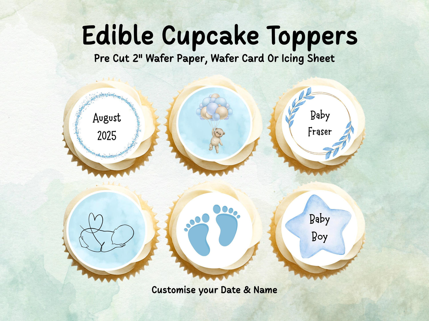 Blue Baby Shower Edible Cupcake Toppers 12 x 2" – Personalised Pre cut Wafer Paper, Card or Icing Sheet, Customisable Cake Decoration