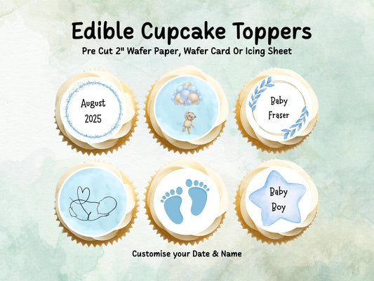 Blue Baby Shower Edible Cupcake Toppers 12 x 2" – Personalised Pre cut Wafer Paper, Card or Icing Sheet, Customisable Cake Decoration