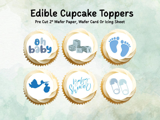 Blue Baby Shower Edible Cupcake Toppers 12 x 2"– Pre cut Wafer Paper, Card or Icing Sheet, New Baby Boy Cake Decoration