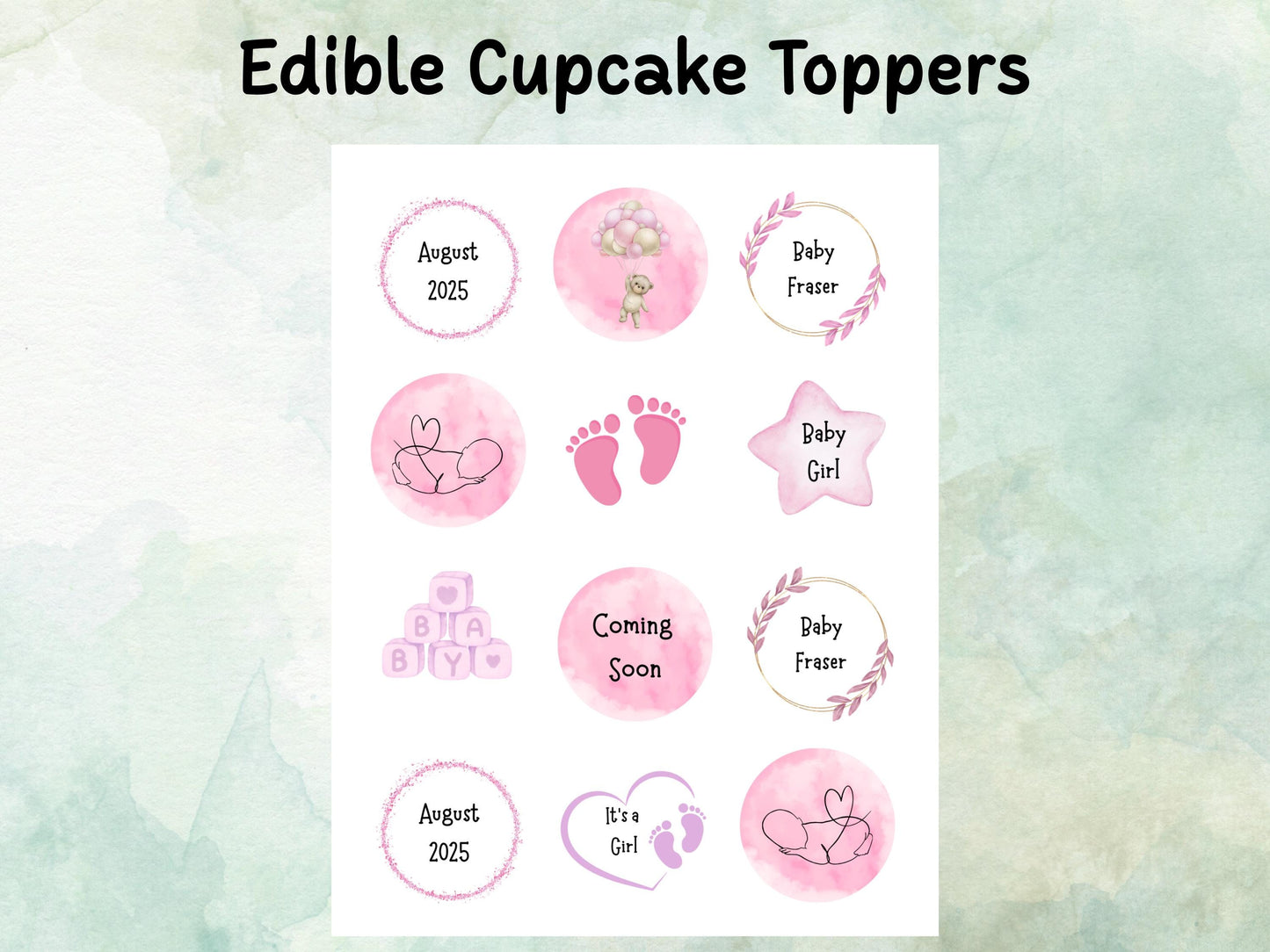 Pink Baby Shower Edible Cupcake Toppers 12 x 2" – Personalised Pre cut Wafer Paper, Card or Icing Sheet, New Baby Girl Cake Decoration