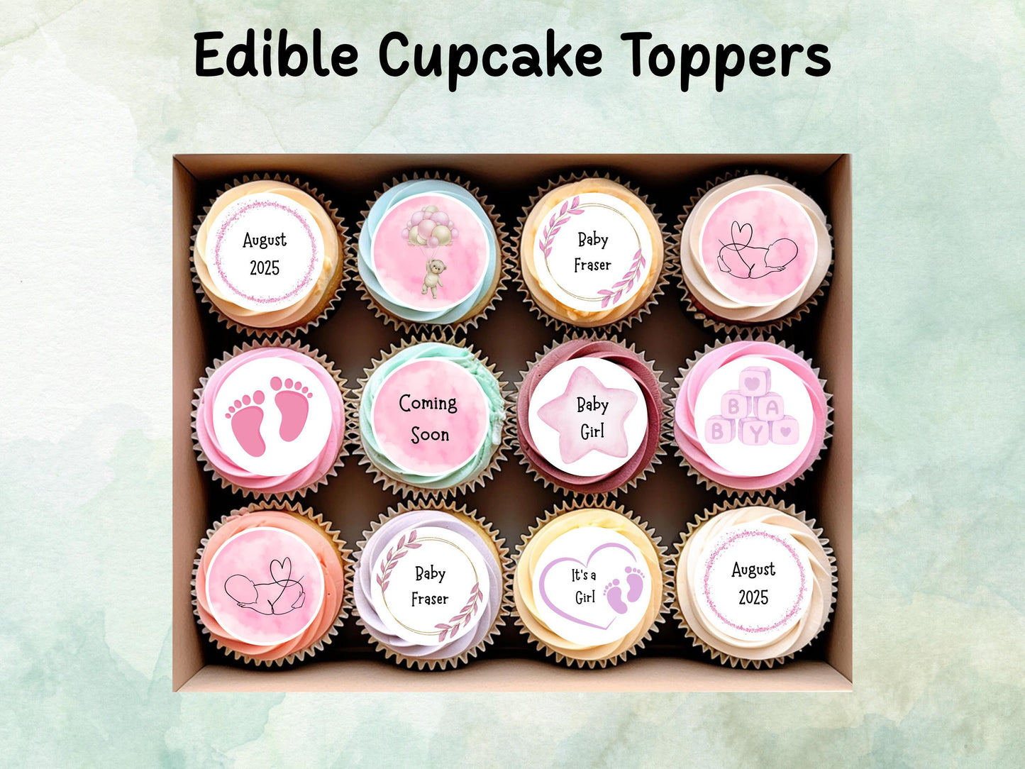 Pink Baby Shower Edible Cupcake Toppers 12 x 2" – Personalised Pre cut Wafer Paper, Card or Icing Sheet, New Baby Girl Cake Decoration