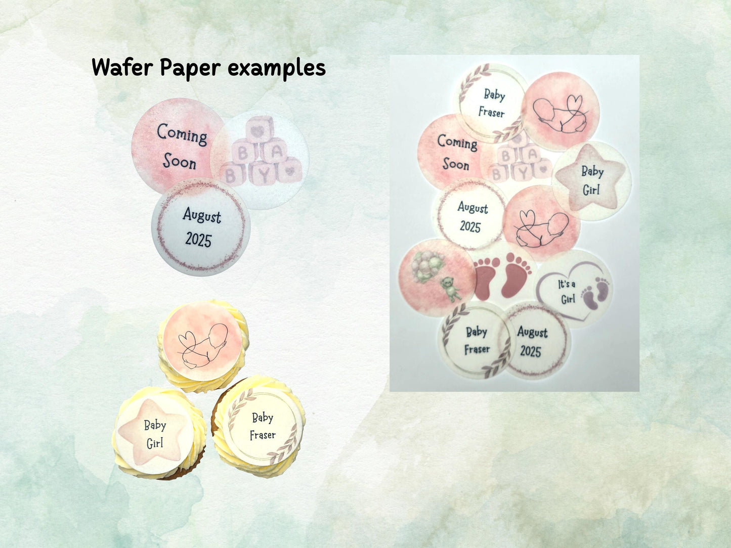 Pink Baby Shower Edible Cupcake Toppers 12 x 2" – Personalised Pre cut Wafer Paper, Card or Icing Sheet, New Baby Girl Cake Decoration