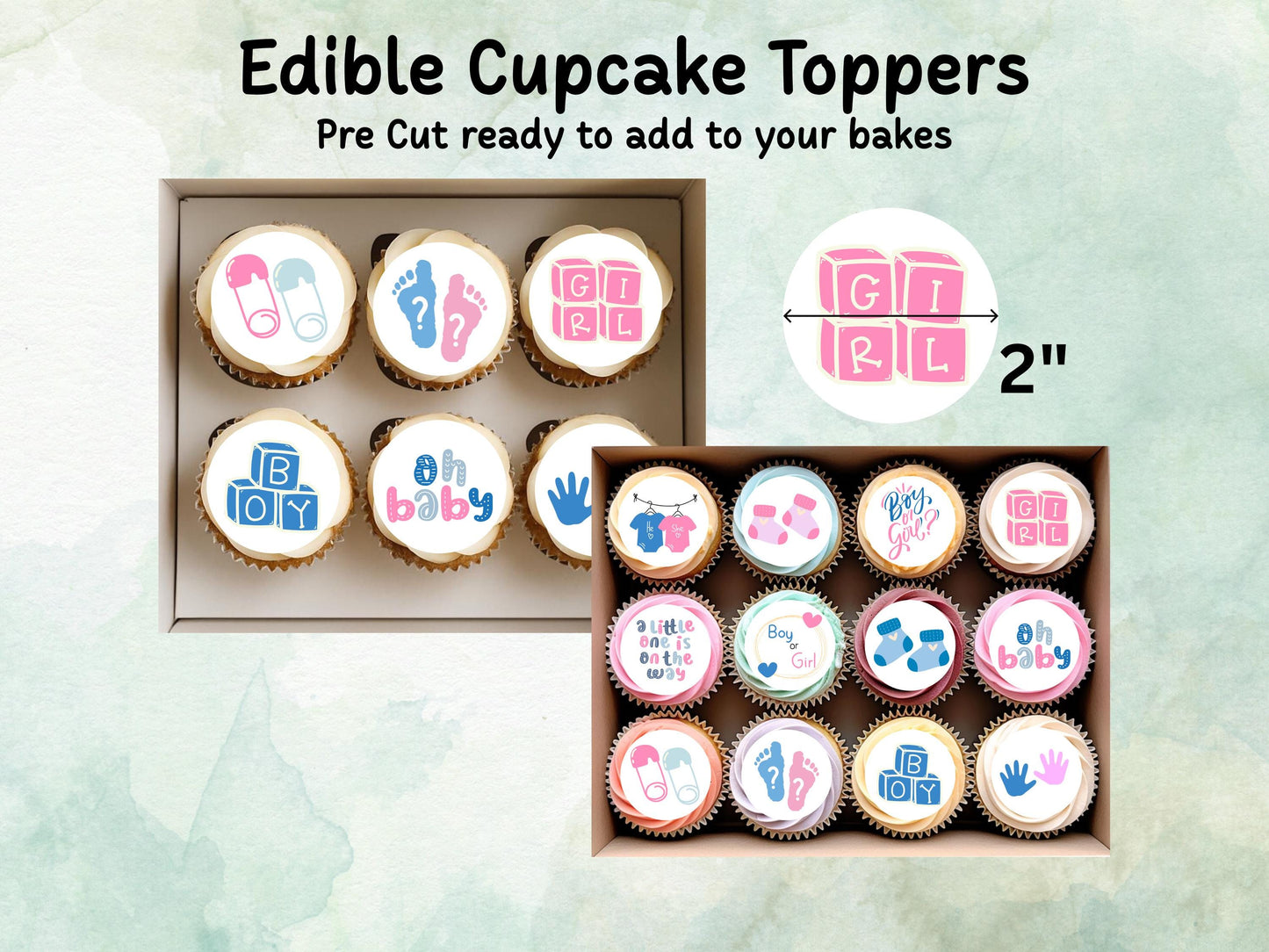 Pink & Blue Baby Shower Cupcake Toppers 12 x 2" – Pre cut Wafer Paper, Card or Icing Sheet, Gender Reveal Cake Decoration
