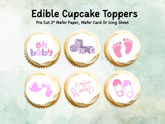 Pink Baby Shower Edible Cupcake Toppers 12 x 2" – Pre cut Wafer Paper, Card or Icing Sheet, Cupcakes, New Baby Girl Cake Decoration