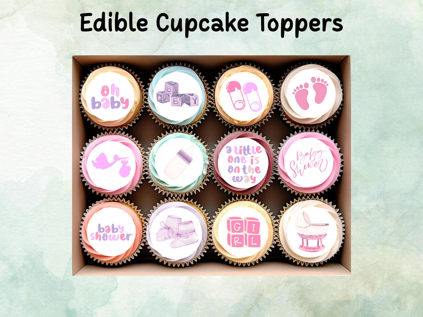 Pink Baby Shower Edible Cupcake Toppers 12 x 2" – Pre cut Wafer Paper, Card or Icing Sheet, Cupcakes, New Baby Girl Cake Decoration