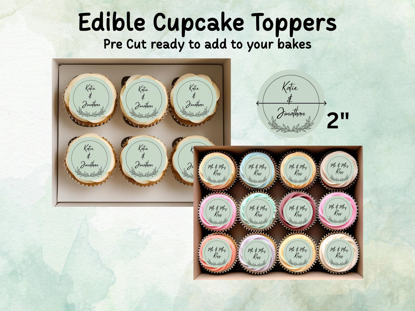 Personalised Wedding Edible Cupcake Toppers 12 x 2" – Pre cut Wafer Paper, Card or Icing Sheet, Cookie Favor, Engagement Cake Topper
