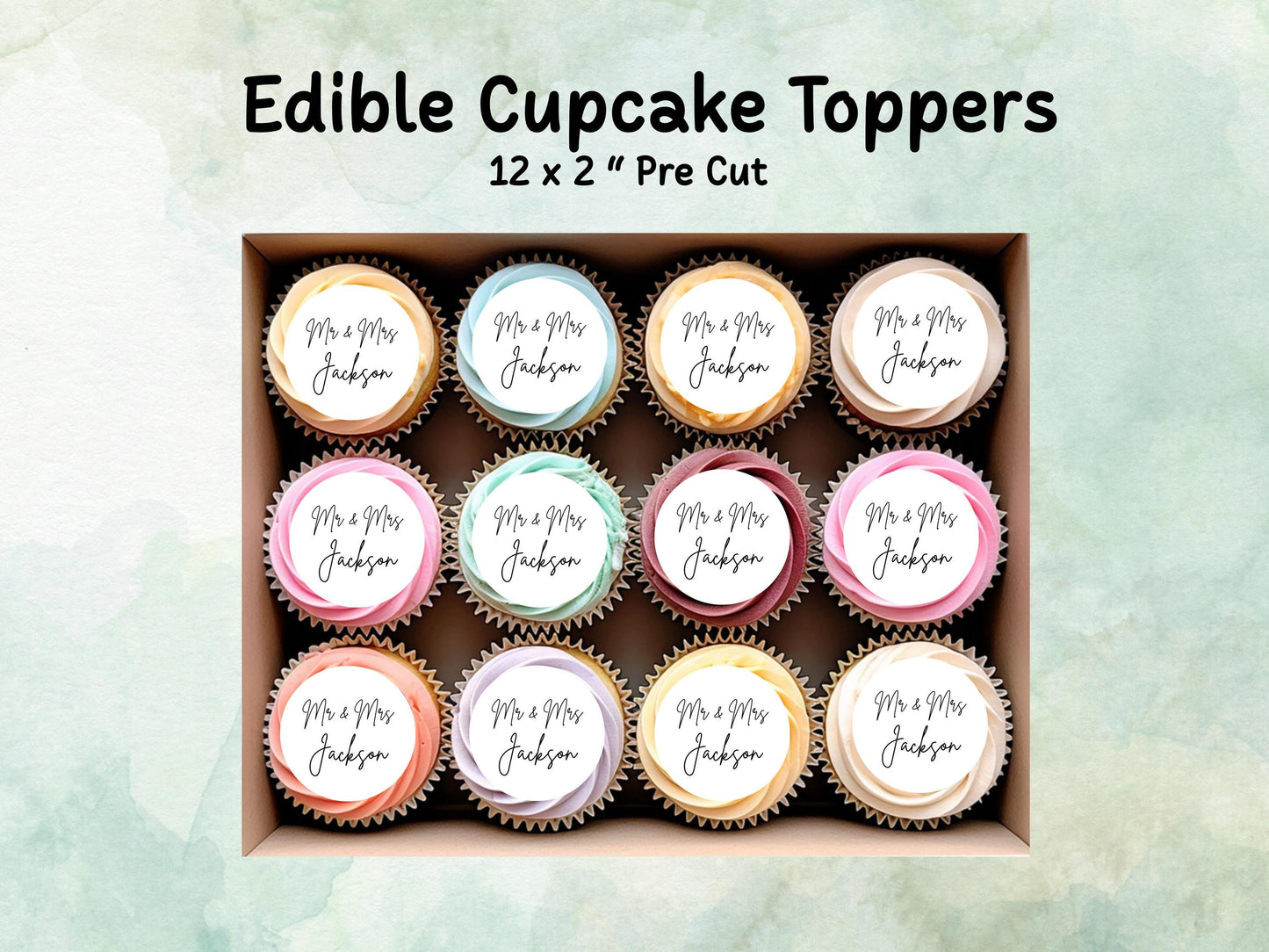 Personalised Wedding Edible Cupcake Toppers 12 x 2" – Pre cut Wafer Paper, Card or Icing Sheet, Cookie Favor, Cake Topper