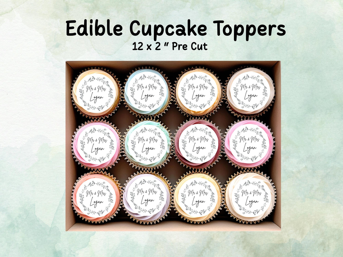 Personalised Wedding Edible Cupcake Toppers 12 x 2" – Pre cut Wafer Paper, Card or Icing Sheet, Cookie Favor, Engagement Cake Topper