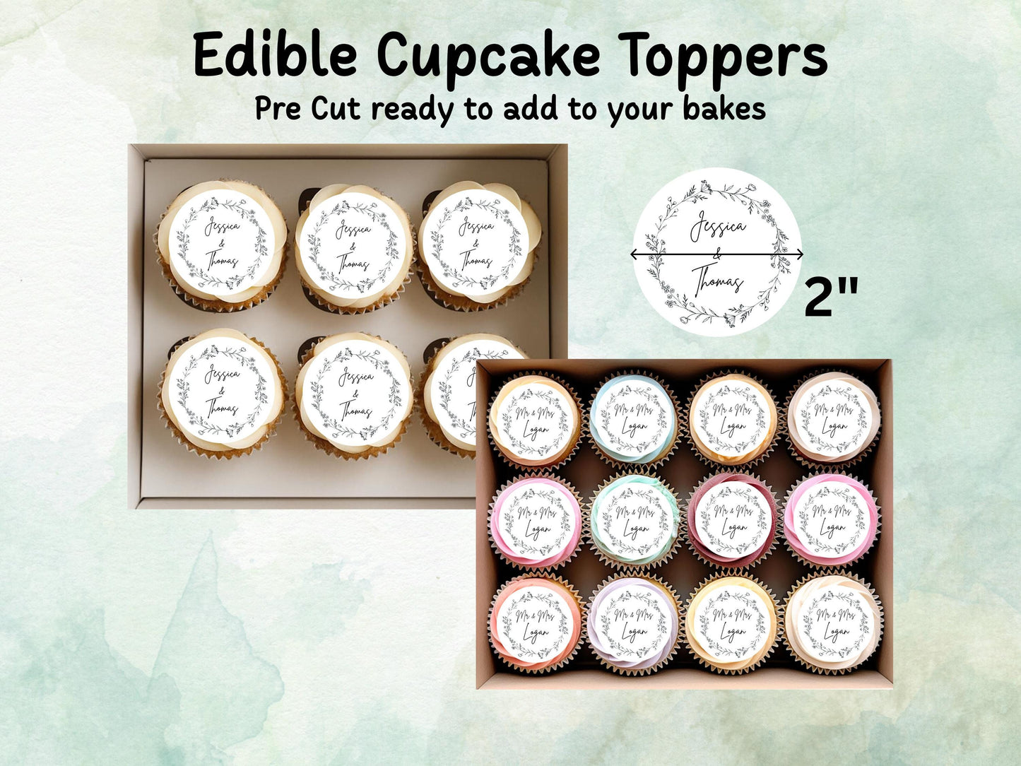 Personalised Wedding Edible Cupcake Toppers 12 x 2" – Pre cut Wafer Paper, Card or Icing Sheet, Cookie Favor, Engagement Cake Topper
