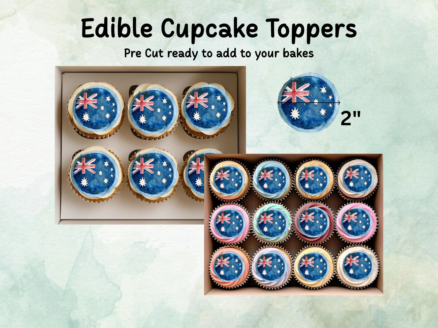 Australian Flag Edible Cupcake Toppers 12 x 2" – Pre cut Wafer Paper, Card or Icing Sheet, Italy Cake Decorations