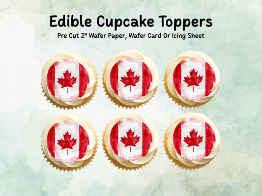 Canadian Flag Edible Cupcake Toppers 12 x 2" – Pre cut Wafer Paper, Card or Icing Sheet, Red Maple Leaf Cake Decorations