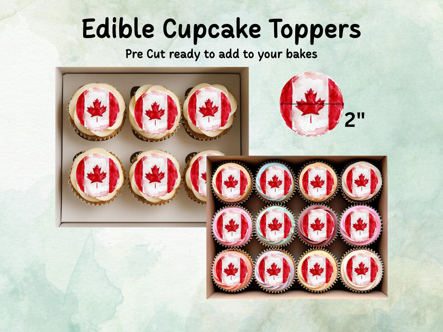 Canadian Flag Edible Cupcake Toppers 12 x 2" – Pre cut Wafer Paper, Card or Icing Sheet, Red Maple Leaf Cake Decorations