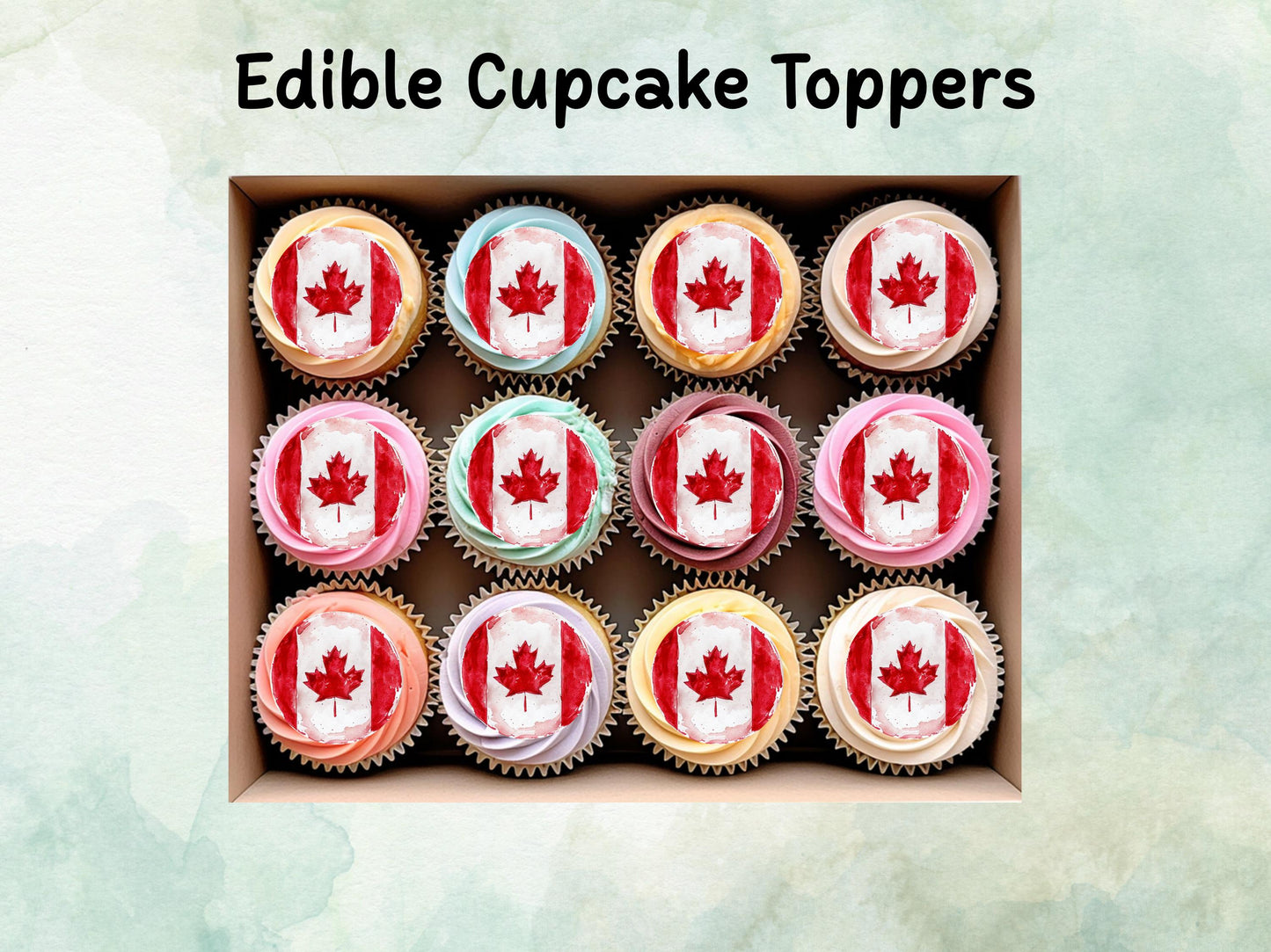 Canadian Flag Edible Cupcake Toppers 12 x 2" – Pre cut Wafer Paper, Card or Icing Sheet, Red Maple Leaf Cake Decorations