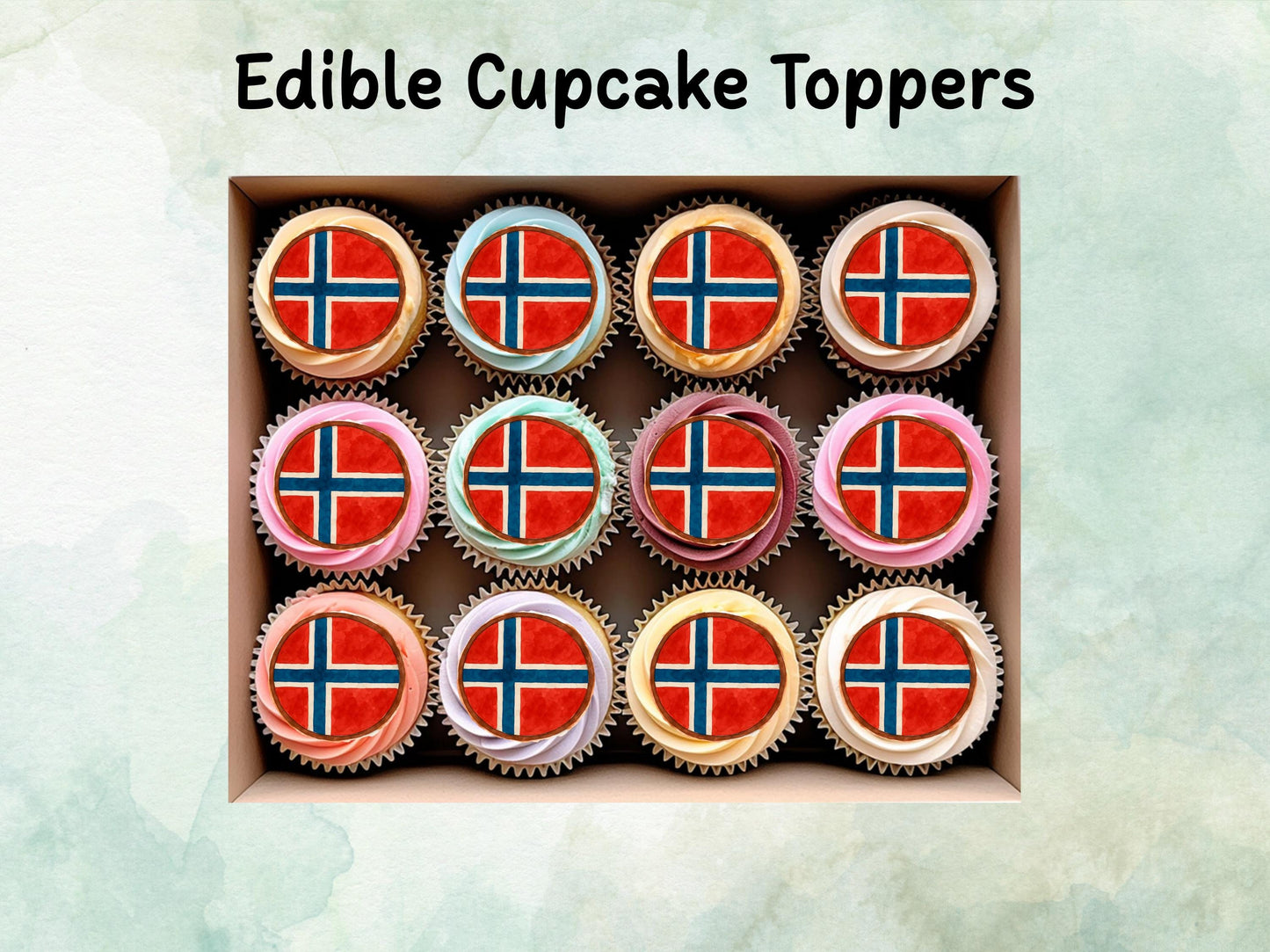 Norwegian Flag Edible Cupcake Toppers 12 x 2" – Pre cut Wafer Paper, Card or Icing Sheet, Italy Cake Decorations