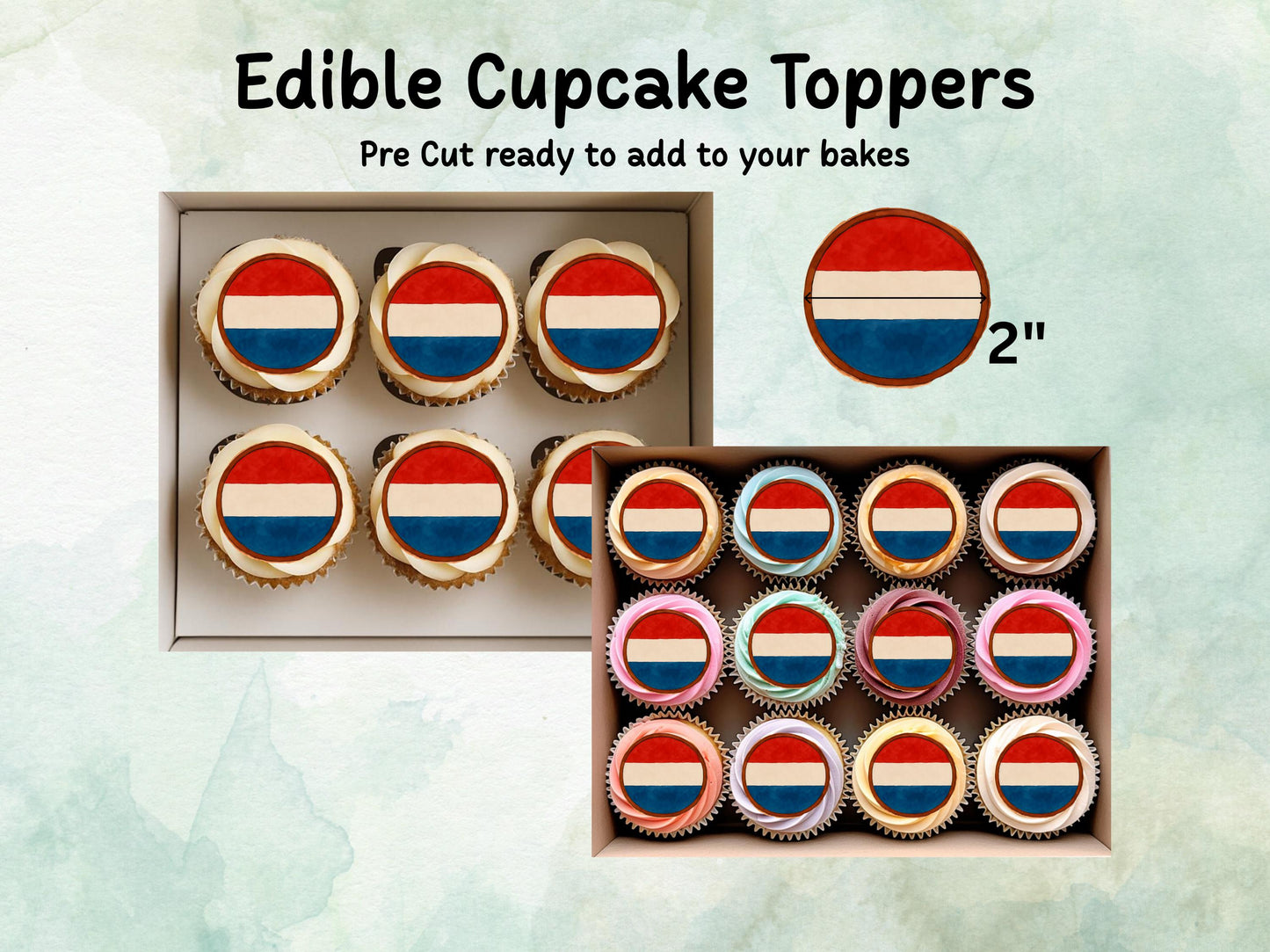 Netherlands Flag Edible Cupcake Toppers 12 x 2" – Pre cut Wafer Paper, Card or Icing Sheet, Dutch Cake Decorations