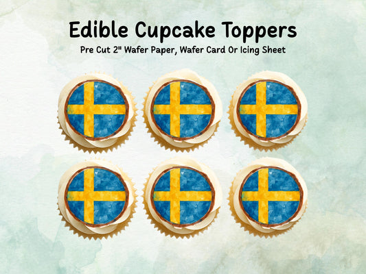 Swedish Flag Edible Cupcake Toppers 12 x 2" – Pre cut Wafer Paper, Card or Icing Sheet, Sweden Cake Decorations