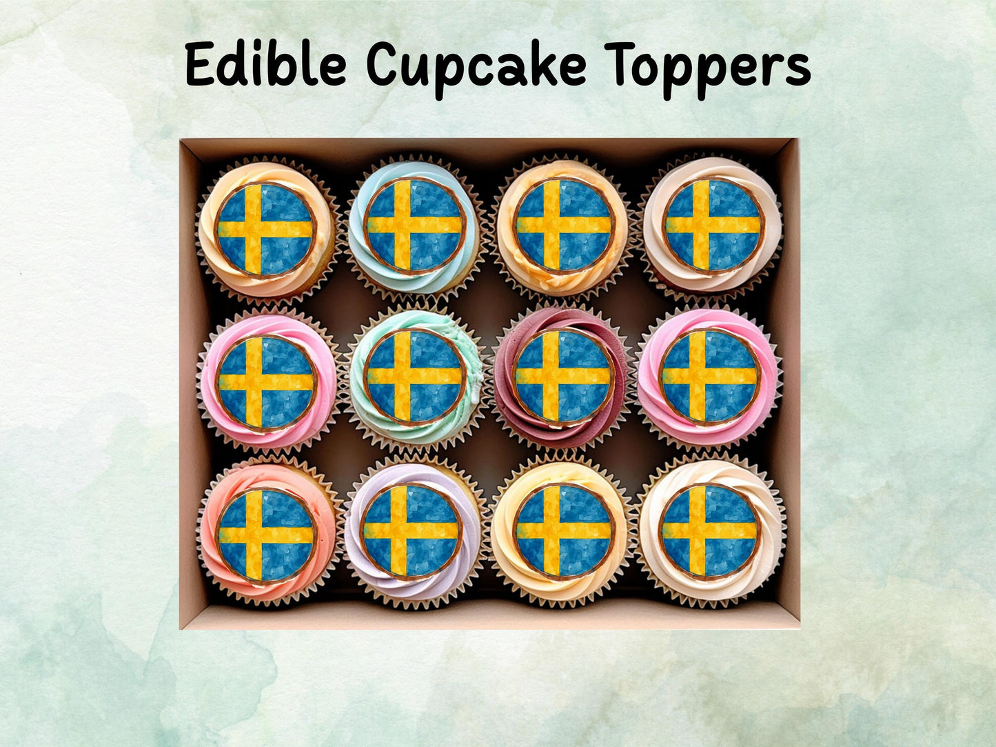 Swedish Flag Edible Cupcake Toppers 12 x 2" – Pre cut Wafer Paper, Card or Icing Sheet, Sweden Cake Decorations