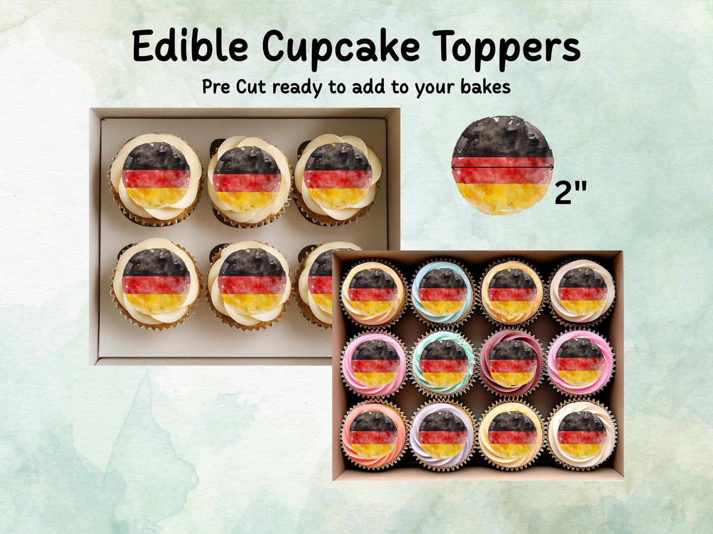 German Flag Edible Cupcake Toppers 12 x 2" – Pre cut Wafer Paper, Card or Icing Sheet, Germany Cake Decorations