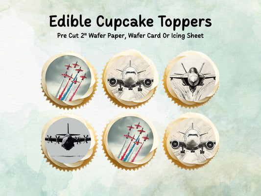 Aeroplane Edible Cupcake Toppers 12 x 2"– Pre cut Wafer Paper, Card or Icing Sheet, Aviation Airplane Cake decorations