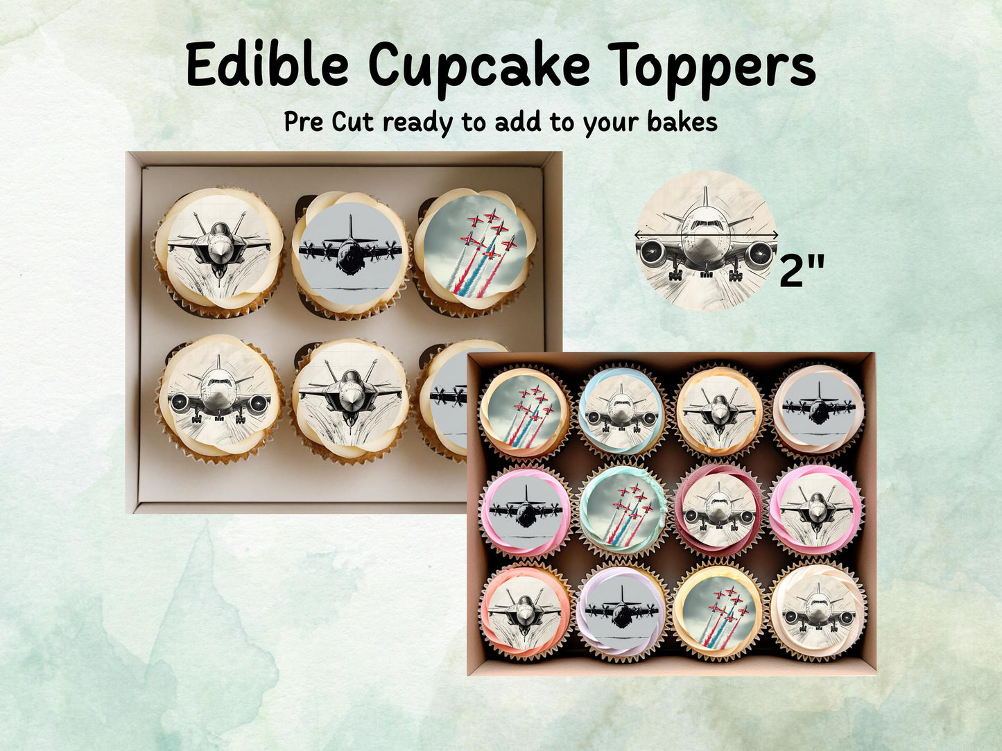 Aeroplane Edible Cupcake Toppers 12 x 2"– Pre cut Wafer Paper, Card or Icing Sheet, Aviation Airplane Cake decorations