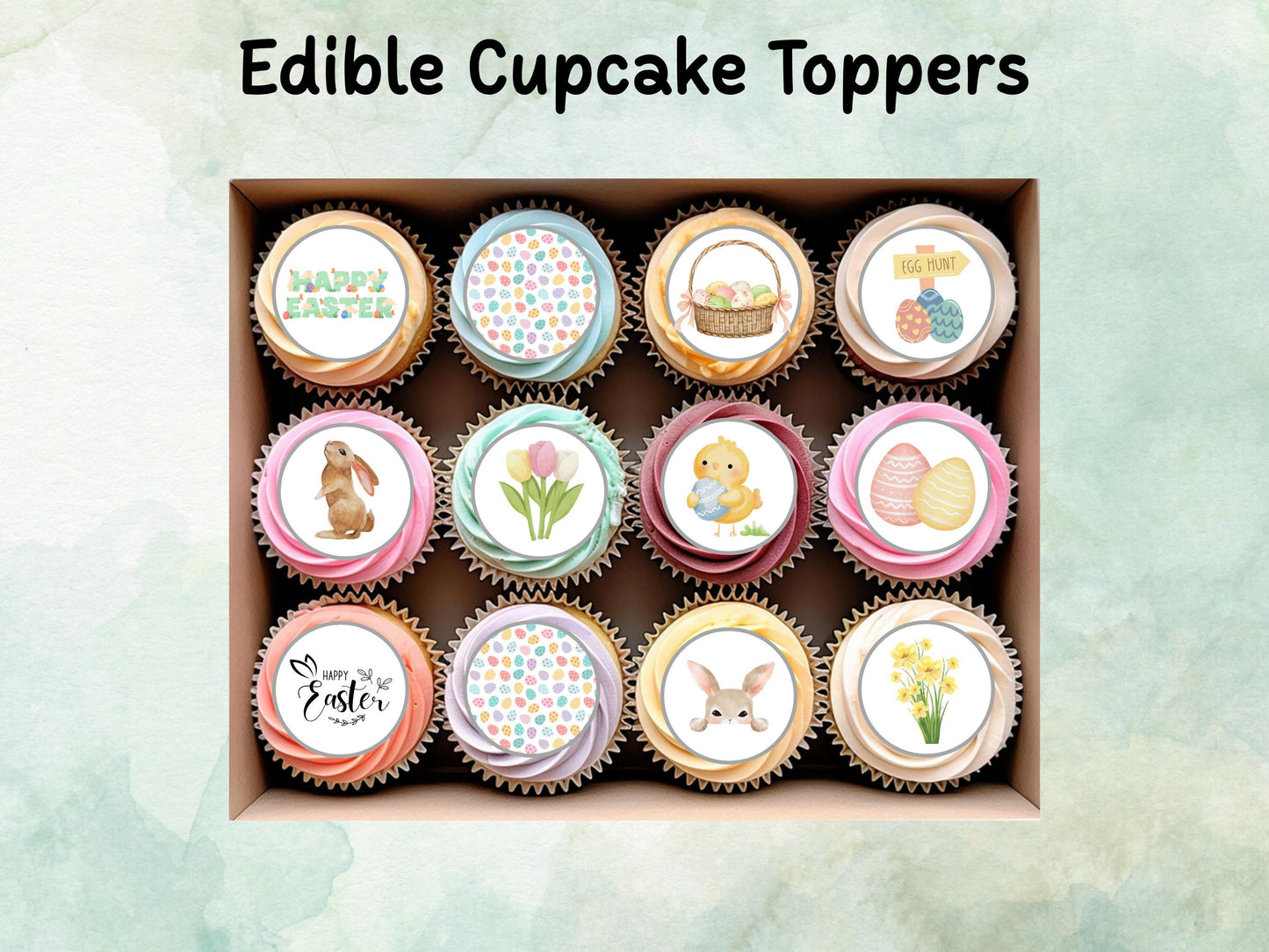 Easter Edible Cupcake Toppers 12 x 2" – Pre cut Wafer Paper, Card or Icing Sheet, Bunny, Chick & Egg Design Cakes