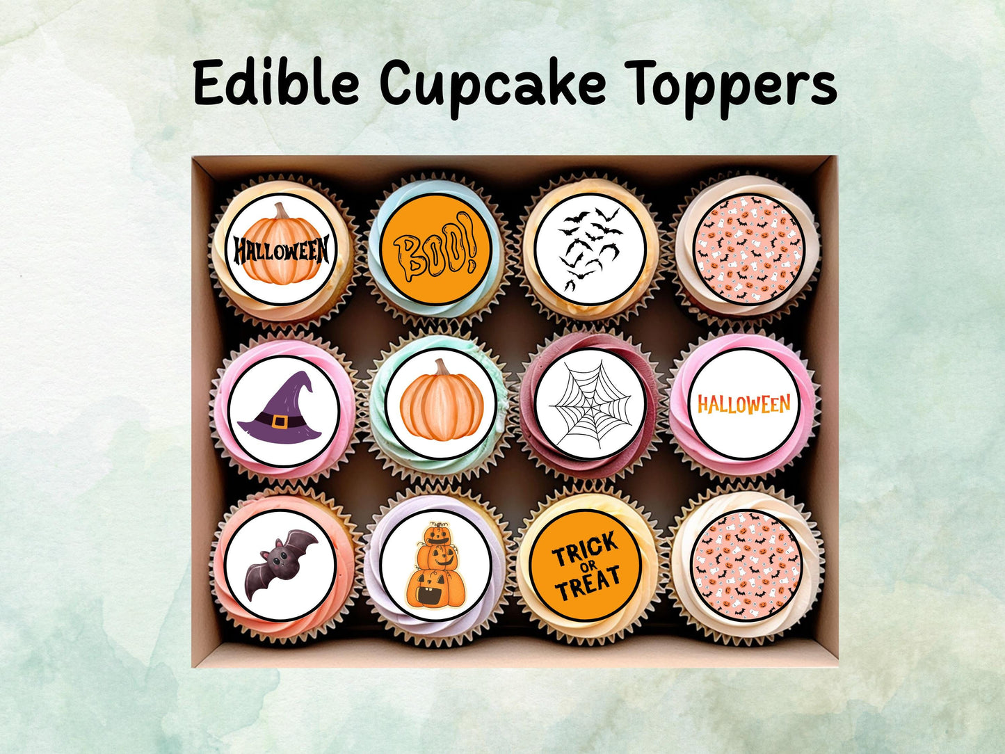 Halloween Edible Cupcake Toppers 12 x 2" – Pre cut Wafer Paper, Card or Icing Sheet, Witch, Pumpkin, Bat & BOO! Design Spooky Cakes