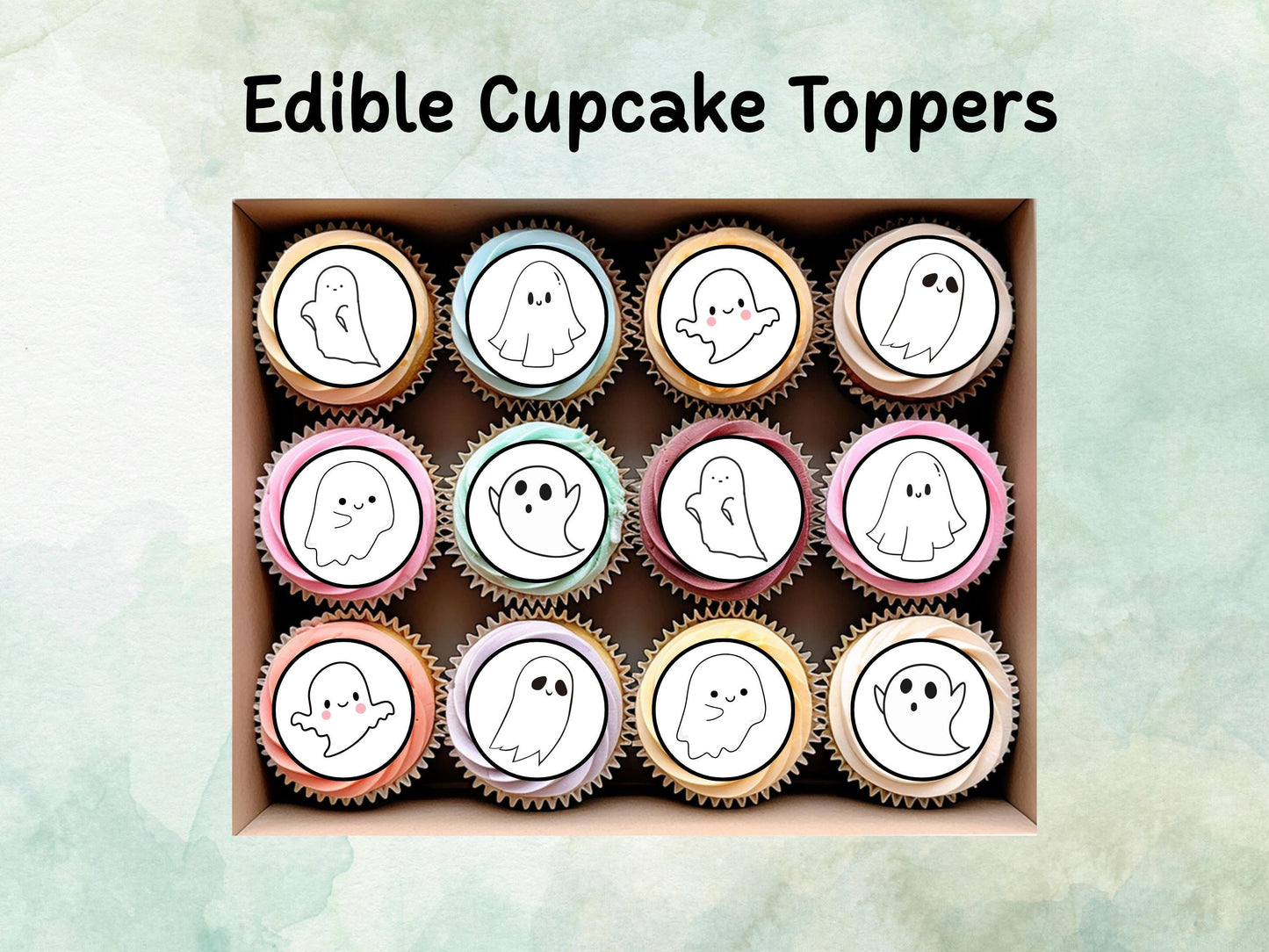Cute Ghost Edible Cupcake Toppers 12 x 2" – Pre cut Wafer Paper, Card or Icing Sheet, Halloween Spooky Cake Decorations