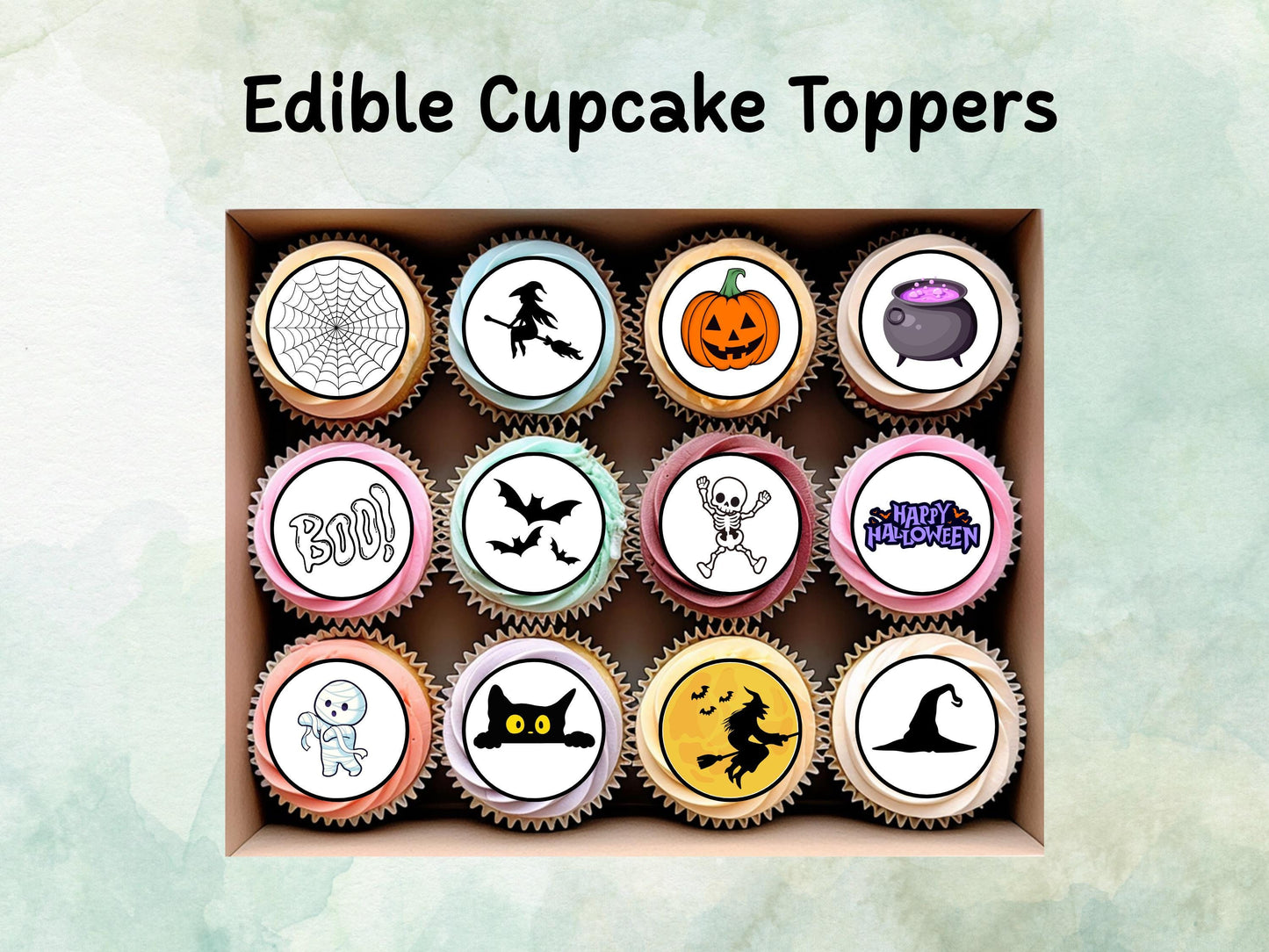 Halloween Edible Cupcake Toppers 12 x 2" – Pre cut Wafer Paper, Card or Icing Sheet, Witch, Pumpkin, Skeleton & BOO! Design Spooky Cakes