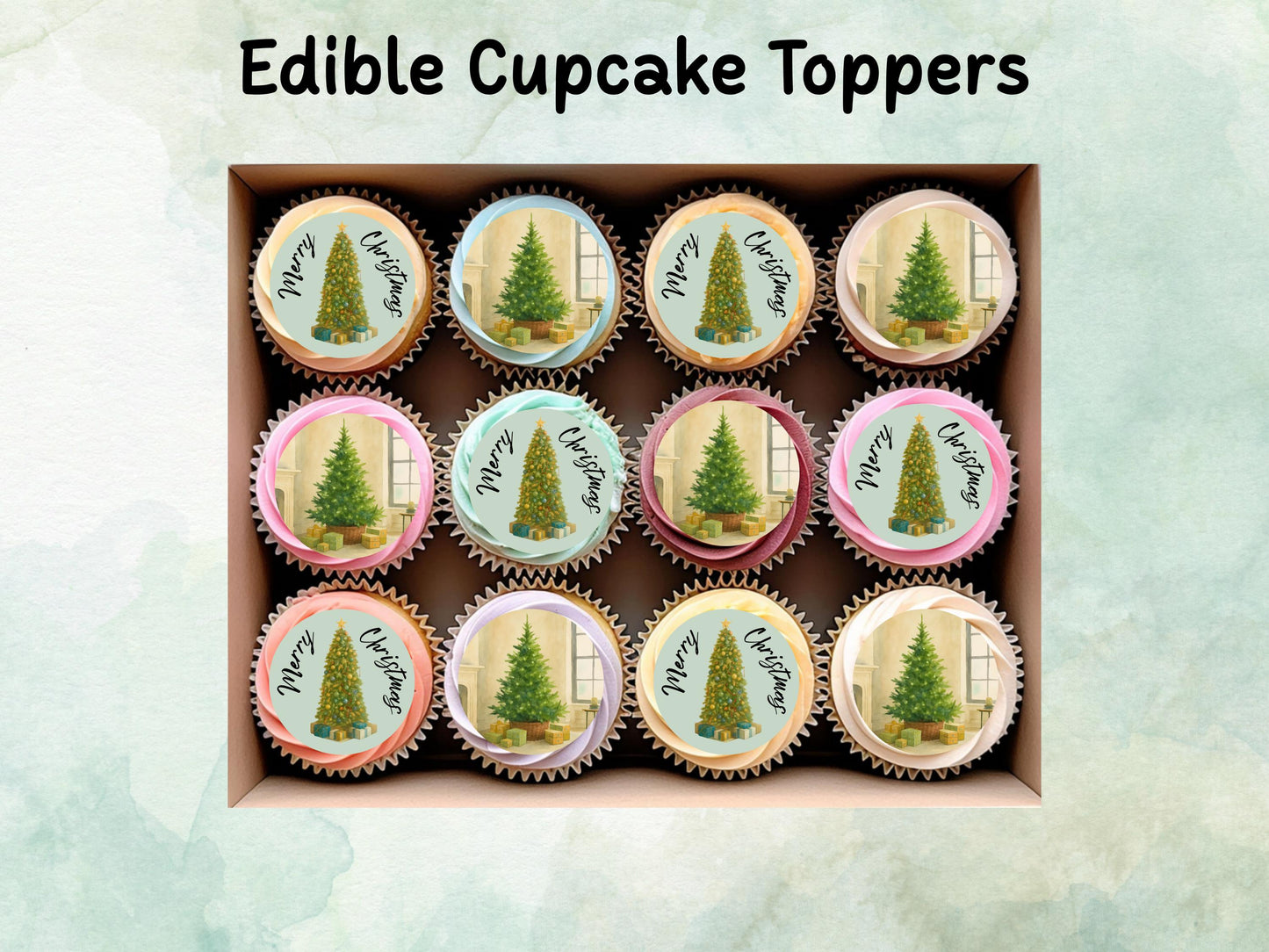 Christmas Edible Cupcake Toppers 12 x 2" – Pre cut Wafer Paper, Card or Icing Sheet, Merry Christmas Tree Festive Cupcakes