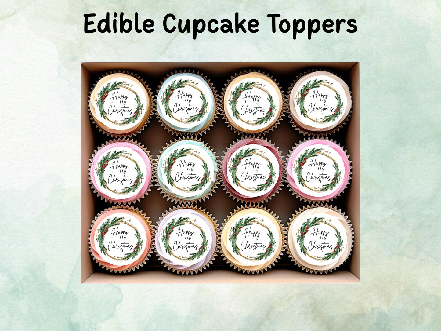 Christmas Edible Cupcake Toppers 12 x 2" – Pre cut Wafer Paper, Card or Icing Sheet, Happy Christmas Wreath Festive Cupcakes