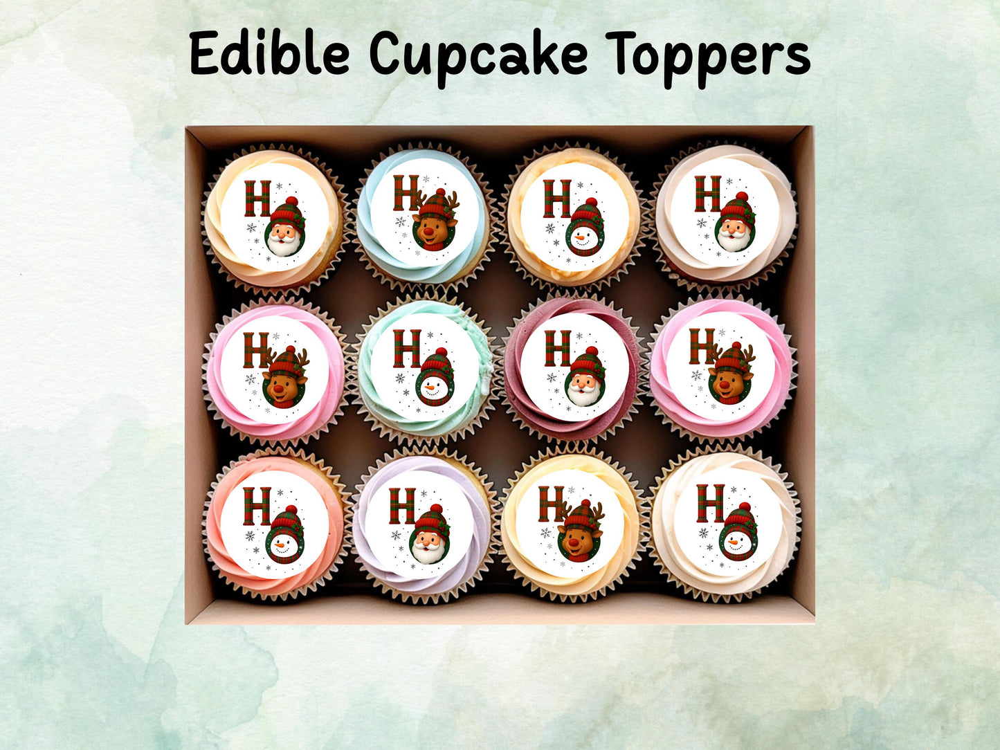Christmas Character Edible Cupcake Toppers 12 x 2" – Pre cut Wafer Paper, Card or Icing Sheet, Santa, Reindeer & Snowman, Festive Party