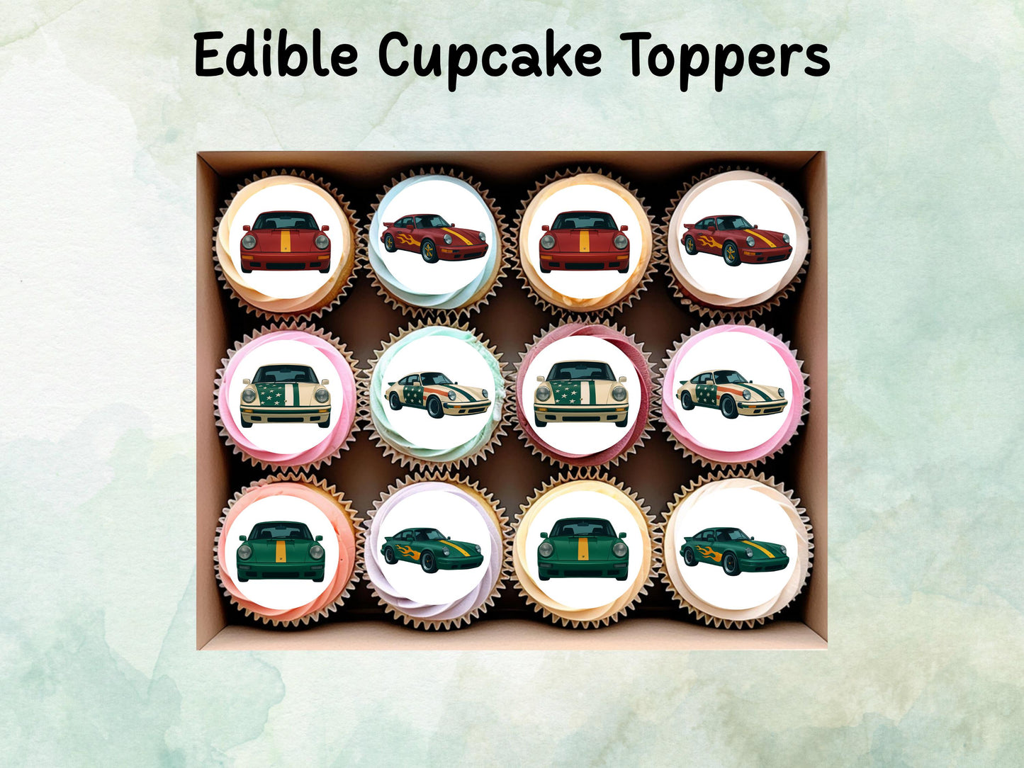Retro Sports Car Edible Cupcake Toppers 12 x 2"– Precut Wafer Paper, Icing Sheet or Wafer Card – Racing Car Birthday Party Decor