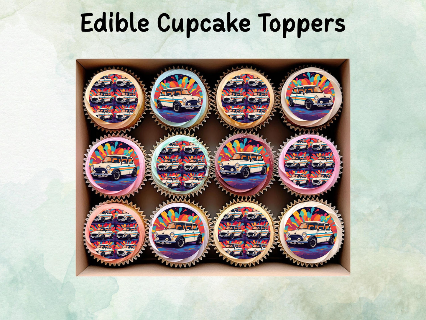 Mini Cooper Edible Cupcake Toppers 12 x 2" – Pre cut Wafer Paper, Card or Icing Sheet, Cupcakes, Cookies, Cake, Birthday, Classic Cars
