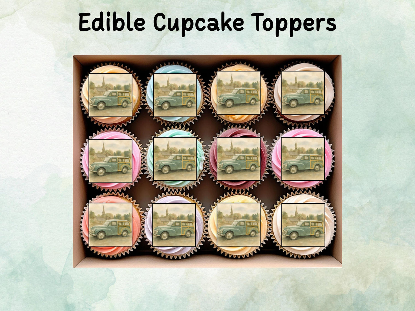 Morris Minor Edible Cupcake Toppers 12 x 2" – Pre cut Wafer Paper, Card or Icing Sheet, Cupcakes, Cookies, Cake, Birthday, Classic Cars