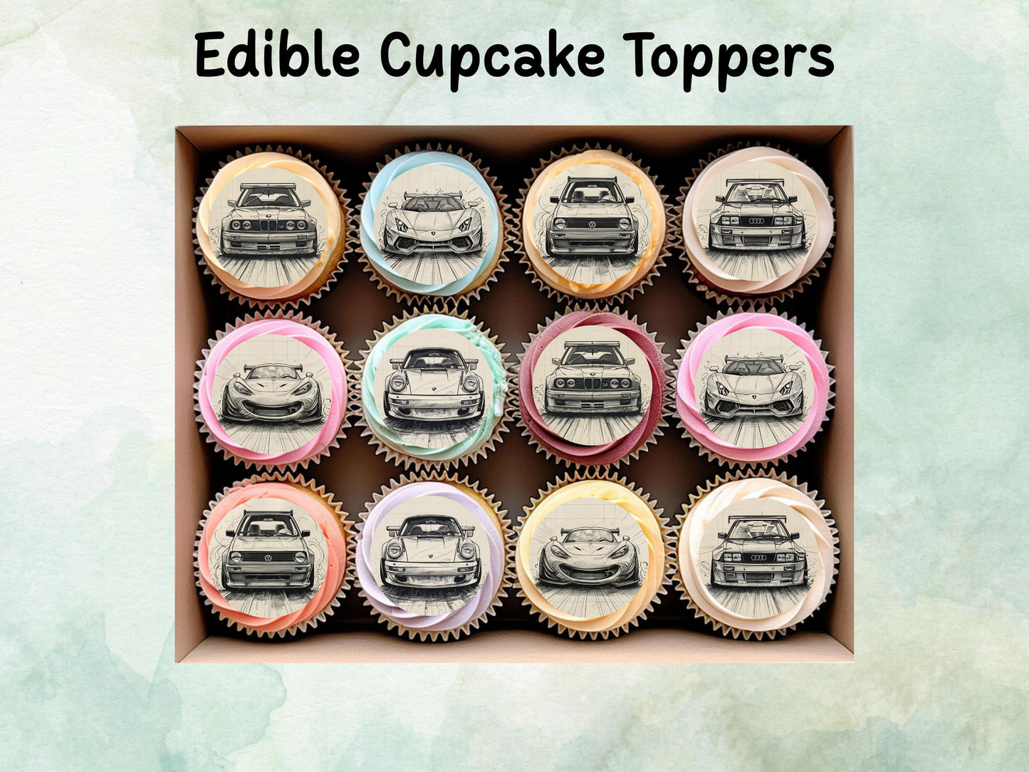 Sports Car Edible Cupcake Toppers 12 x 2" – Pre cut Wafer Paper, Card or Icing Sheet, Cupcakes, Cookies, Cake, Birthday, Cars