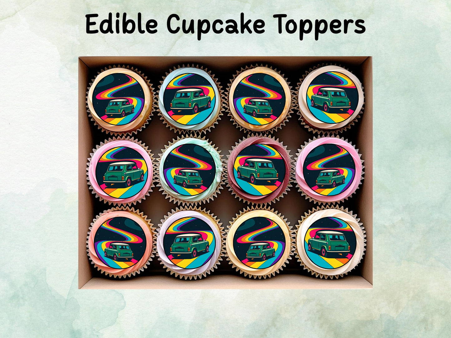 Mini Cooper Edible Cupcake Toppers 12 x 2"– Pre cut Wafer Paper, Card or Icing Sheet, Retro Vintage Mini Cake Decoration