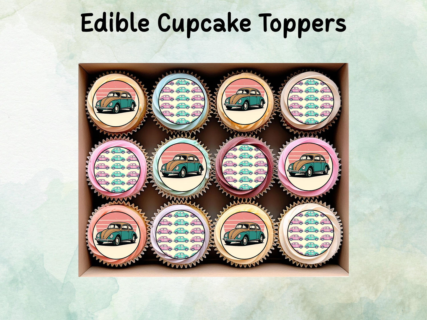 VW Beetle Edible Cupcake Toppers 12 x 2"– Pre cut Wafer Paper, Card or Icing Sheet, Beetle Cake Decoration