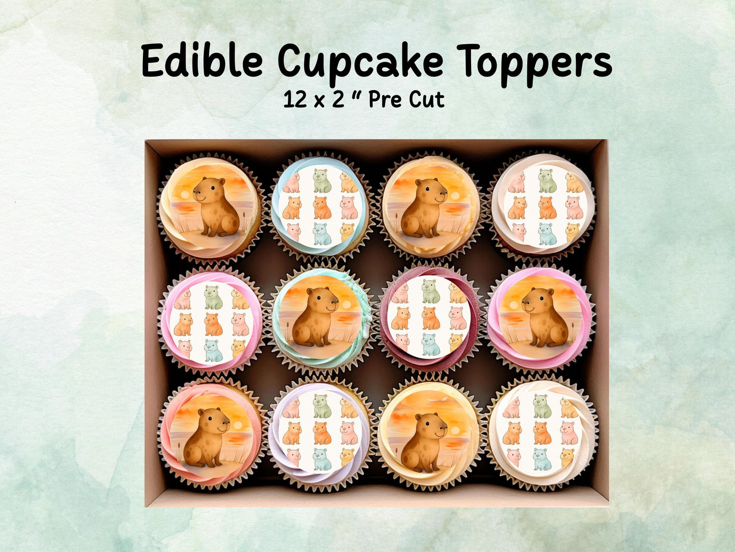 Cute Capybara Edible Cupcake Toppers 12 x 2"– Pre cut Wafer Paper, Card or Icing Sheet, Birthday, Cookies, Cake, Capybara Decorations